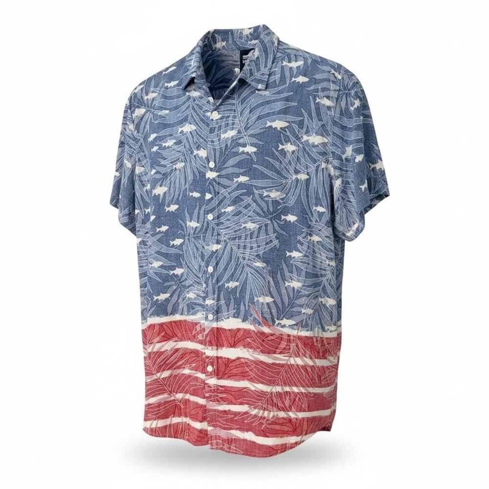 Surf Style Mens Sz M (Marked XXL) Button Down Hawaiian Shirt Patriotic RWB Vtg